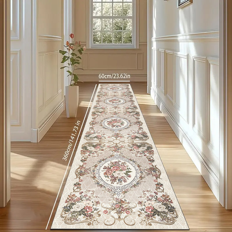 European Floral Hallway Runner Rug with Non-Slip Rubber Backing, Machine Washable Polypropylene Accent Rug, 23.6x94.48 inch