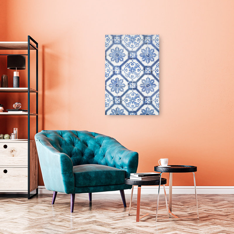 Motif azulejo bleu à motif géométrique classique, H 36 po x l 24 po
