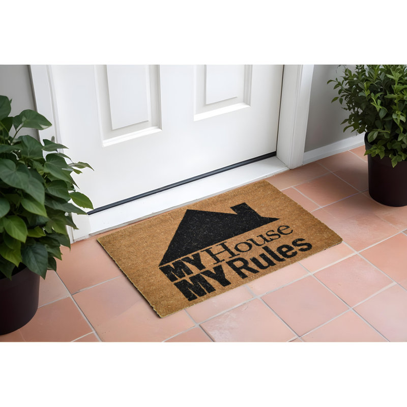 18" X 30" Brown and Black Coir My House My Rules Outdoor Door Mat