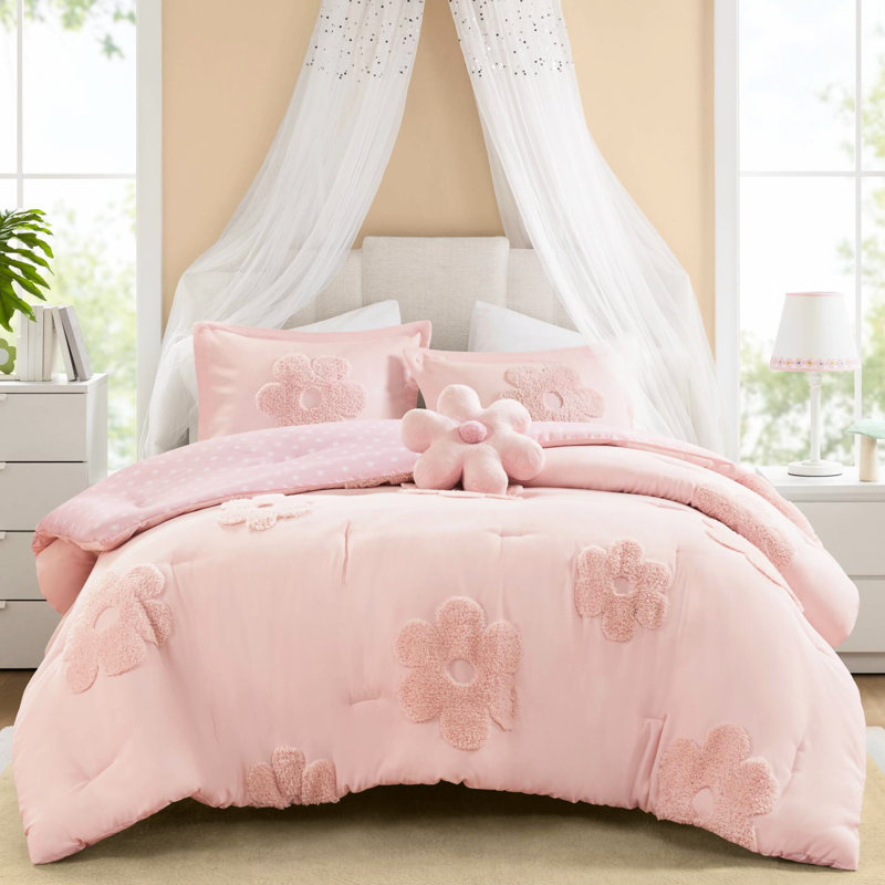 Couette réversible en chenille rose à motifs floraux pour lit double/queen - Chenille, rembourrage, lavable à la machine, revers à pois.