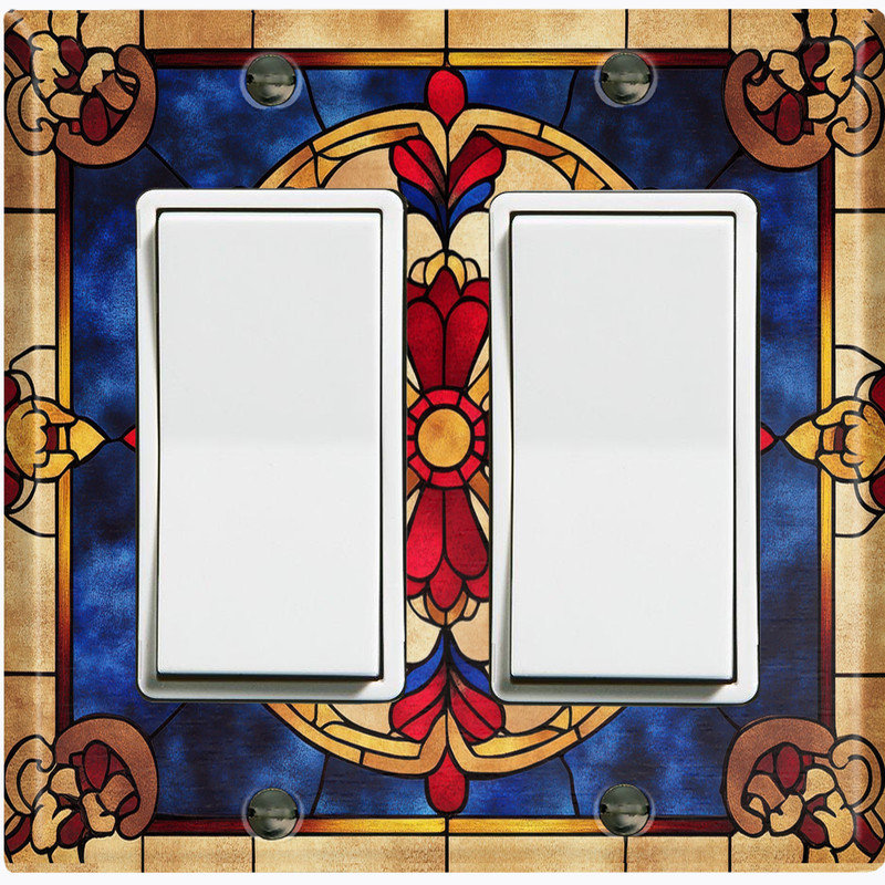 Plaque de protection d'interrupteur en métal ; interrupteur à bascule double GFI, format standard américain – motif médaillon floral en vitrail imprimé