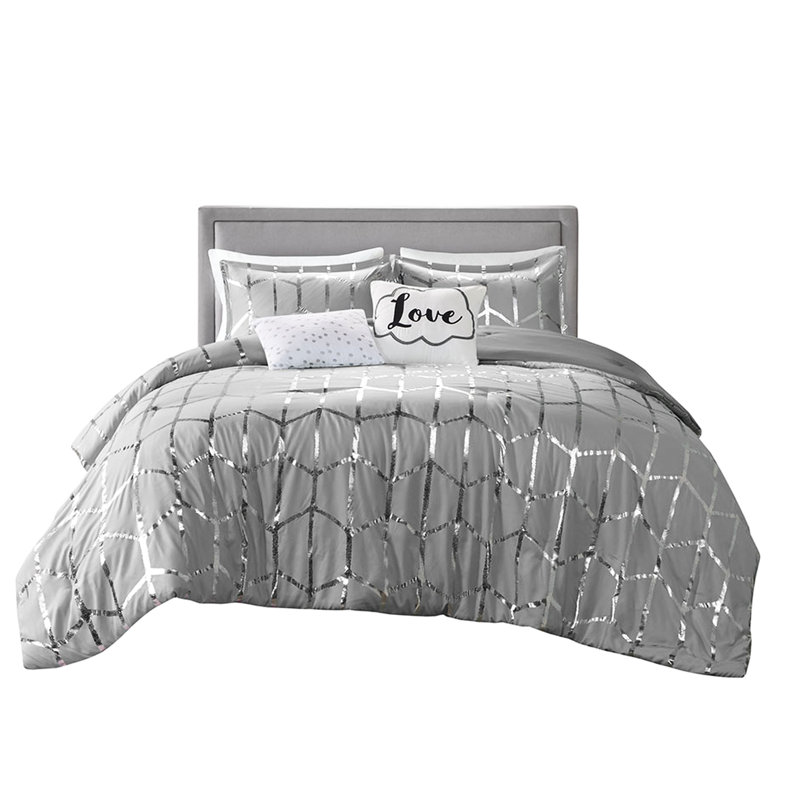 Housse de couette très grand / très grand avec ornement géométrique métallique gris et argent, Gris/argent