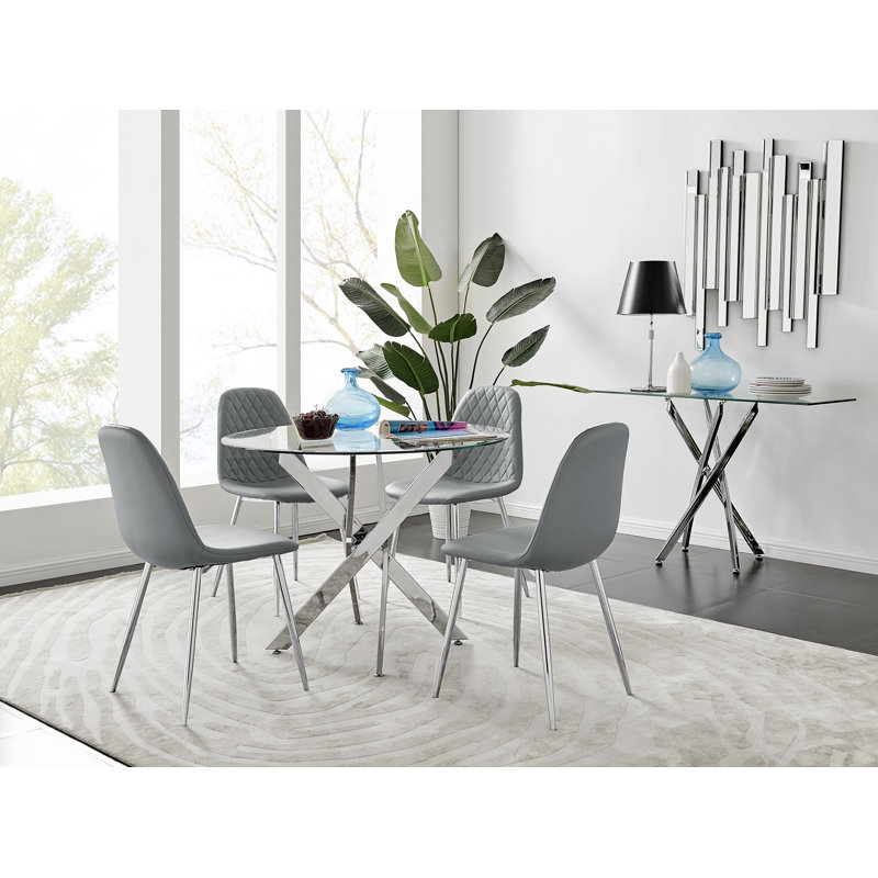 Tierra Modern Chrome Metal & Glass Round Dining Table Set with 4 Luxury Faux Leather Chairs, Grey/Silver