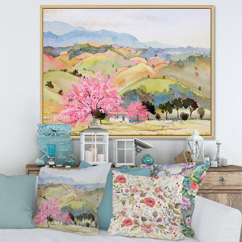 «Pink Mountain Tree in Autumn Landscape», peinture sur toile, L 32 po x H 16 po, Cadre flottant érable