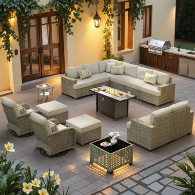 12-Person Outdoor Sectional With Fire Pit,All-Weather Wicker Patio Set