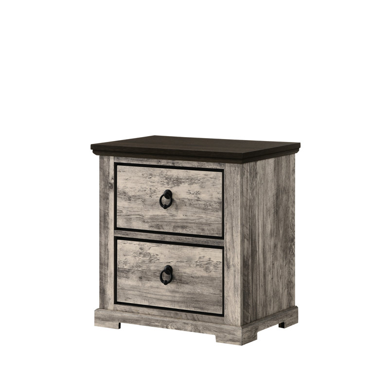 Table de chevet moderne à finition grise avec deux compartiments à tiroirs et poignées robustes en métal pour chambre à coucher de style contemporain avec poignées de tiroirs pratiques