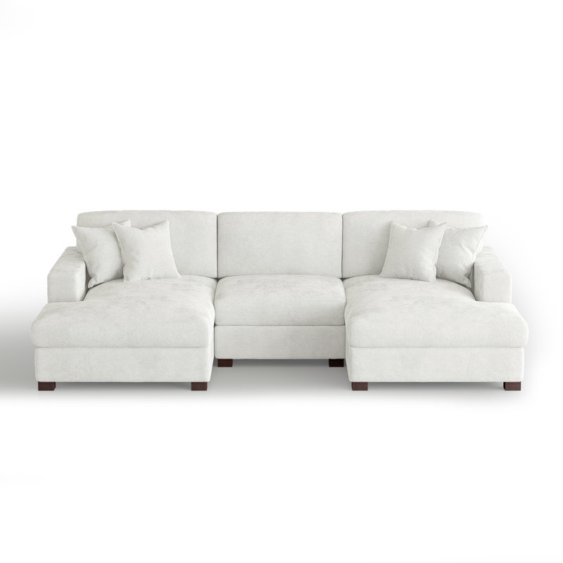 3 - Piece Upholstered Offehite Chenille Modular Sectional Sofa with Armrests & Throw Pillows, 33.4" H x 116.6" W x 62" D