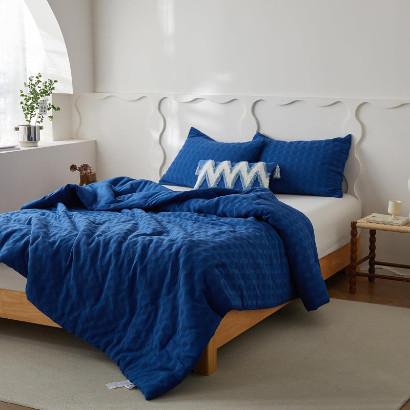 100% Cotton Waffle Weaving Comforter Set Bedding Set, Navy Blue, Twin Comforter + 1 pillow shams+1 lumbar