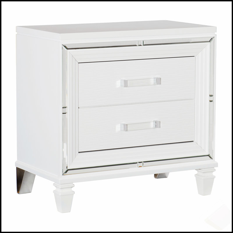 Table de chevet 1pce avec 2 tiroirs, poignées en acrylique et cadre en miroir pour chambre à coucher élégante