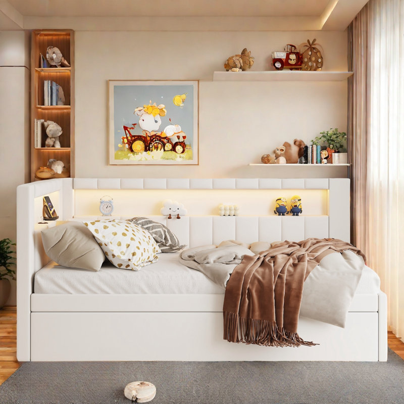 Upholstered Platform Bed with USB Ports, LED Belt and Trundle Shorifa, White