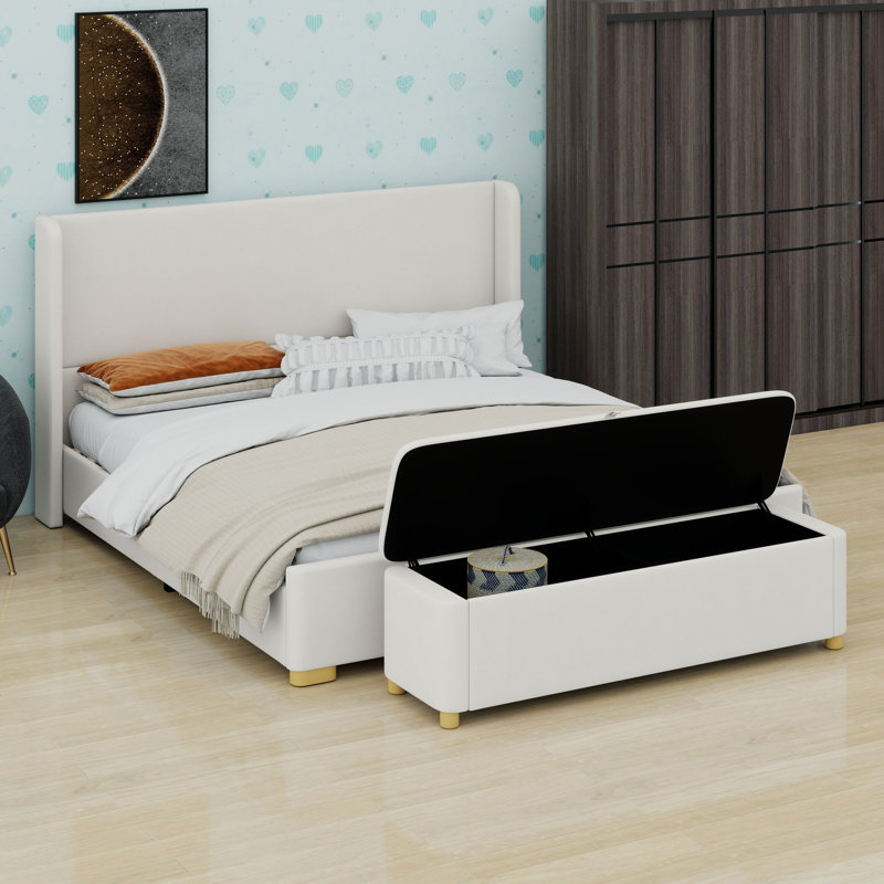 Ensemble de lit plateforme avec banc de rangement, tête de lit à oreilles et pouf de bout de lit, Très grand lit, Crème