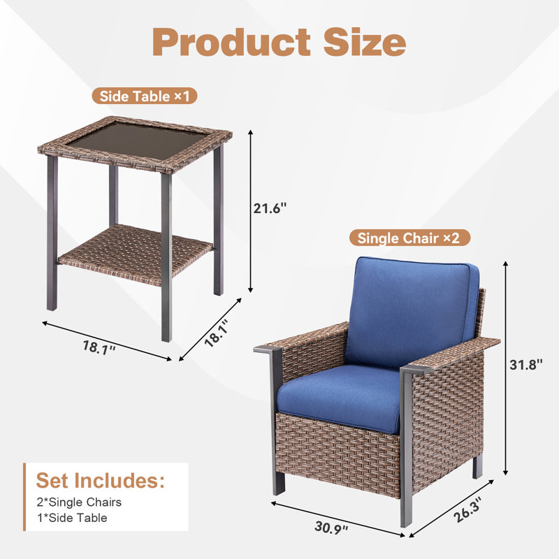 Ensemble de 3 chaises de patio en osier PE, ensemble de conversation en rotin toutes saisons pour terrasse de porche, ensemble de chaise bistro avec coussin et table d'appoint