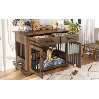 44.6" Indoor Dog Crate End Table With 360 Rotatable Bowls And 2 Storage Drawers, Ideal For Medium - Large Dogs In Bedroom Rotating Bowls, 4 Lock Security Pets, Brown Color