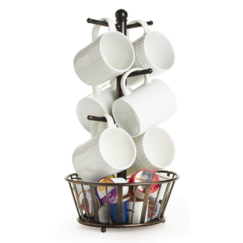 Black Wrought Iron 6-Cup Mug Tree with Storage Basket