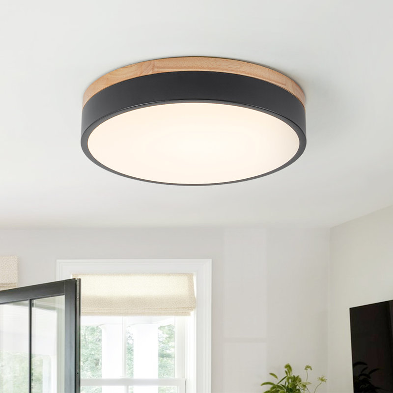 Scandinavian Dimmable Wooden Led Round Flush Mount, 2.4" H x 11.8" W x 11.8" D, Matte Black