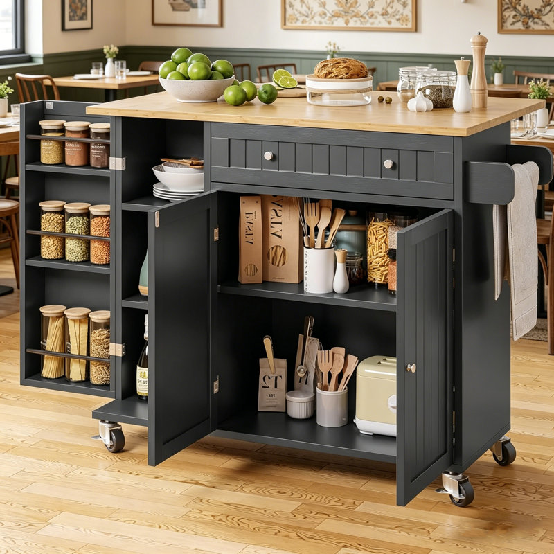 Kitchen Island with Drop Leaf,Towel Rack,Large Capacity Rolling Cart with Spice Rack and Storage, Black