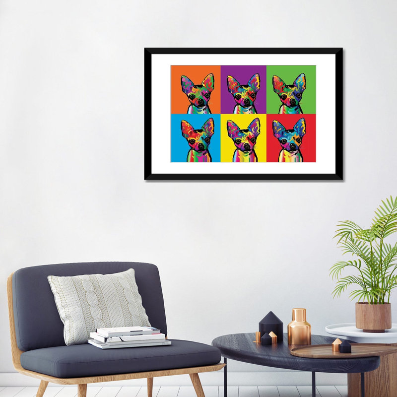 Chihuahua arc-en-ciel, impression sur toile tendue, H 24 po x l 32 po x P 1 po, Papier d'art encadré noir, Blanc
