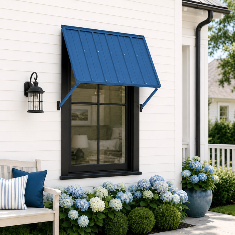 Kozyard Adjustable Door Window Awning – 4-Level Tilt, 42" W × 32" Sloped Panel, Adjustable Projection 22"–31", Aluminum Frame & Metal Canopy, All-Weather Rain, Snow & UV Protection Steel Blue
