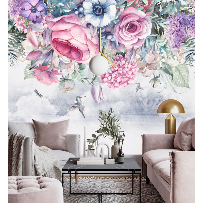 Papier peint floral avec oiseaux et fleurs, L 27,96 po x l 39 po