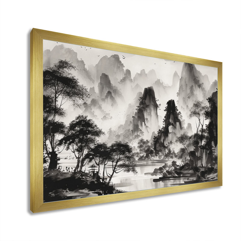«Black and White Asia Mountains I», reproduction d'art sur toile, H 30 po x l 40 po x P 1,5 po, Encadrement doré