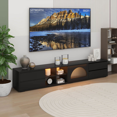 Meuble télé moderne à DEL, console multimédia avec porte en verre cannelé et 2 tiroirs