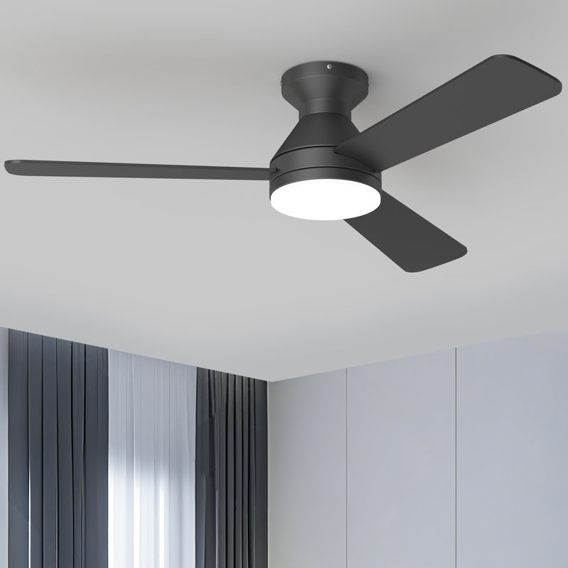 42 In. Dimmable Led Indoor/outdoor Black Flush Mount Ceiling Fan With Light And Remote, 6 Speeds Dc Reversible Noiseless