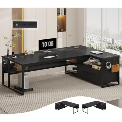 71" L-Shaped Executive Desk, Large Office Desk With Widen File Drawers and Power Outlets