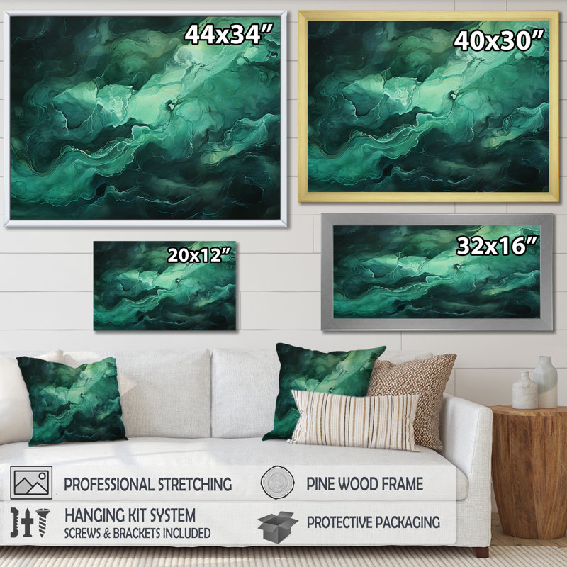 «Mountains Green Percolated Peaks», reproduction sur toile, Cadre simple argenté, H 30 po x l 40 po x P 1,5 po
