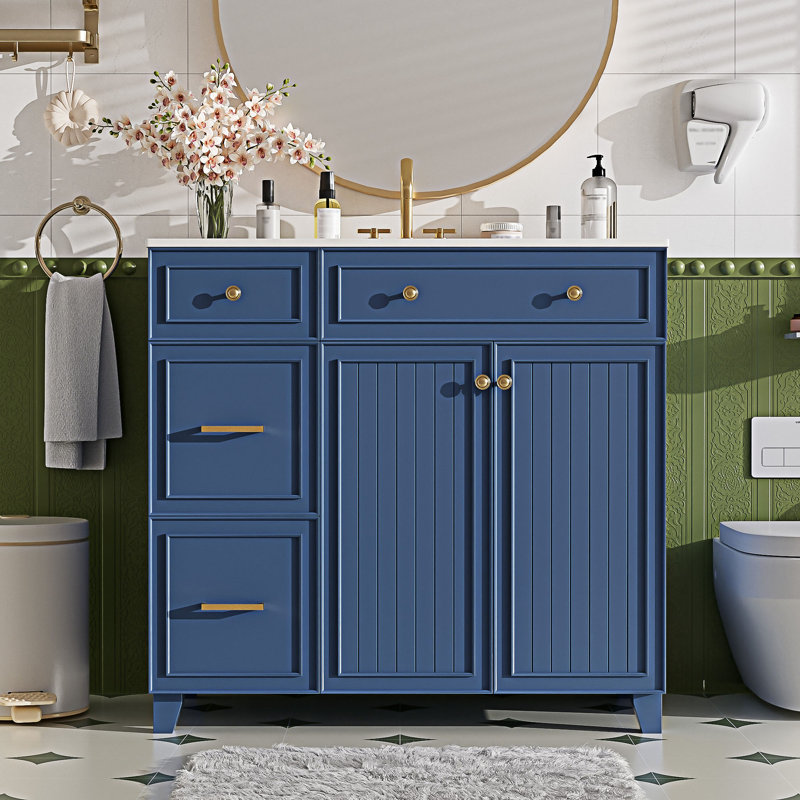 Meuble-lavabo de salle de bain avec lavabo en céramique, Bleu