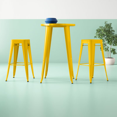 Gyala Round Metal Indoor-Outdoor Bar Table Set with 2 Square Seat Backless Stools