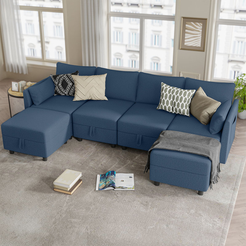 Canapé modulaire rembourré 6 pièces avec rangement sous le siège 6 pièces, Mélange de polyester bleu marine