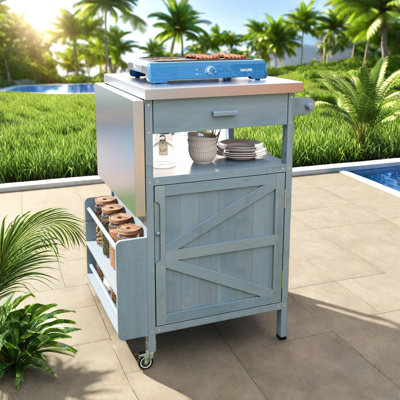 Outdoor Rolling Grill Cart With Stainless Steel Top, Drop Leaf, One Drawer, Towel Rack, Spice Rack, Metal "s" Hooks And Plastic Garbage Bag Holder