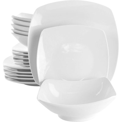 18 Piece Square Porcelain Dinnerware Set, White Glossy Finish, Microwave & Dishwasher Safe, Service For 6