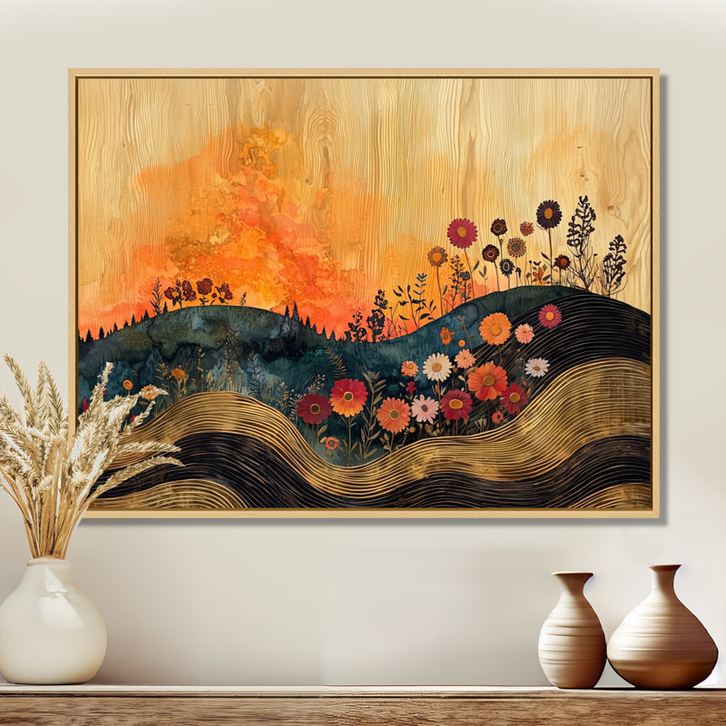 Fleurs orange orange, champ de fleurs I - art mural floral, H 30 po x l 40 po, Cadre flottant, Naturel