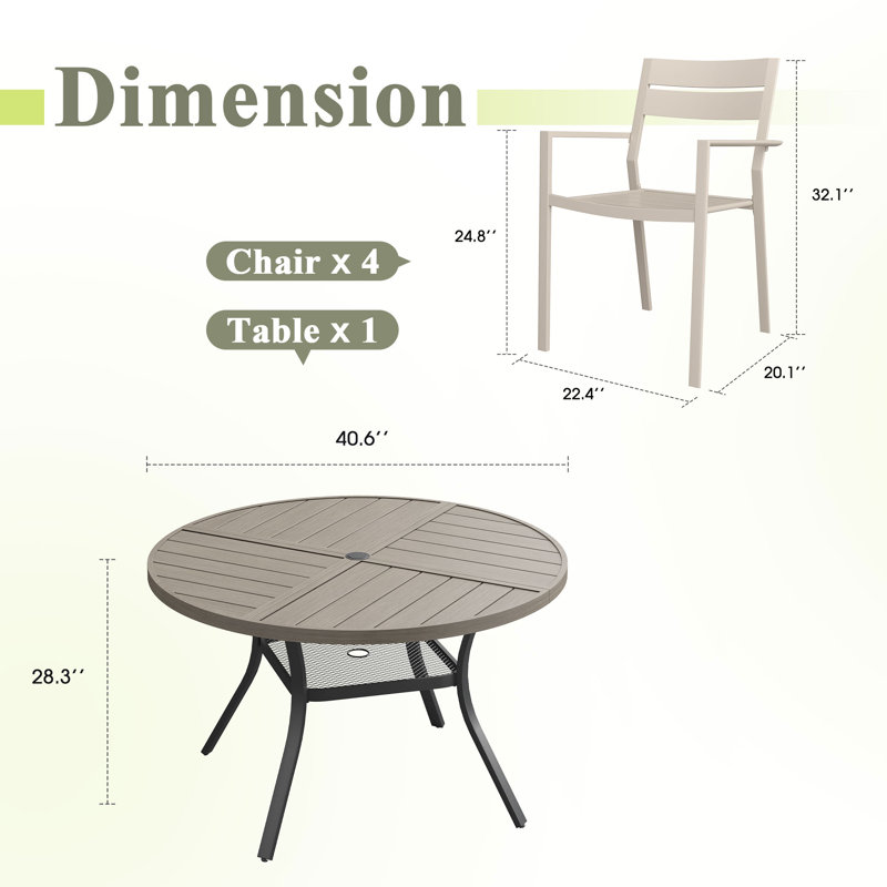 4-Person Round Patio Dining Set With Stackable Chairs, Brush Wood Gray/Sandshell