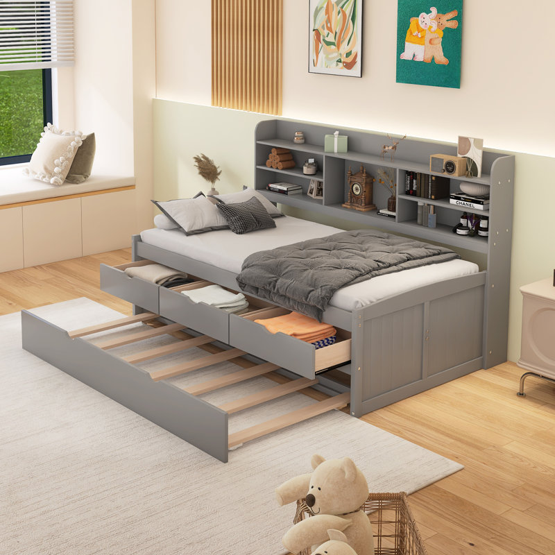 Wooden Captain Bed With Built-In Bookshelves,Three Storage Drawers And Trundle, Gray, Twin