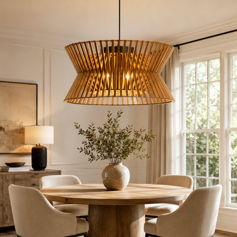 Lustre cylindrique de style campagne moderne à 3 lumières de 18 po avec bois massif Arba pour salle à manger Arba, Café