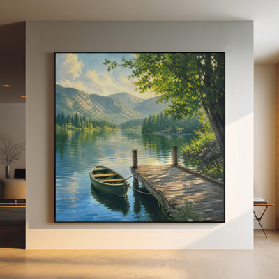 Très grande reproduction d'art sur toile - Lac de montagne avec bateau et quai en bois pour le salon ou la chambre à coucher - «Assemblage requis du cadre (cadre non fini)»