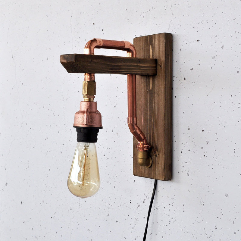 Lampe murale élégante Lacara, 11,8 x 8,7 x 3,9 pouces | 100% bois massif avec accents or rose | Douille E27, 200 W maximum | Interrupteur marche / arrêt sur le câble | Éclairage élégant pour le salon, la chambre à coucher et le bureau