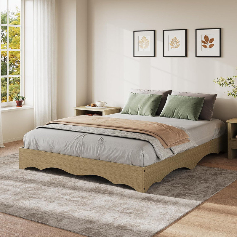 Lit plateforme en bois Wave Design - profil bas sans tête de lit, silencieux, sans sommier tapissier, Extra-long Twin, Beige