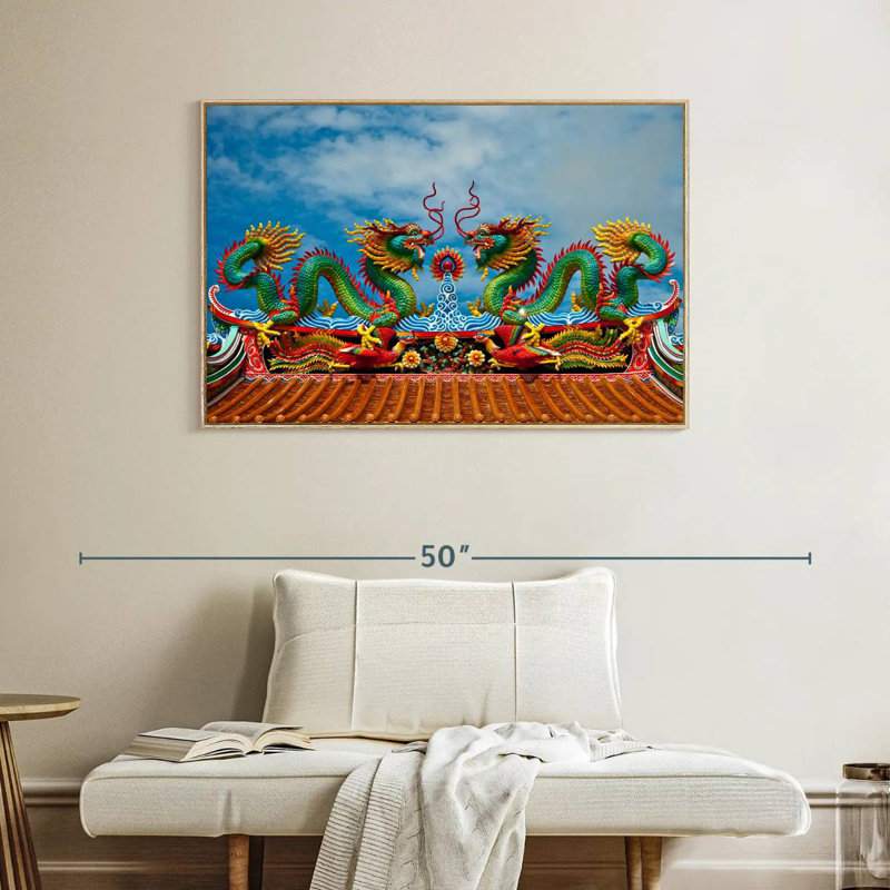 Simple dragon oriental, Cadre flottant en bois naturel, 40 po x 27 po