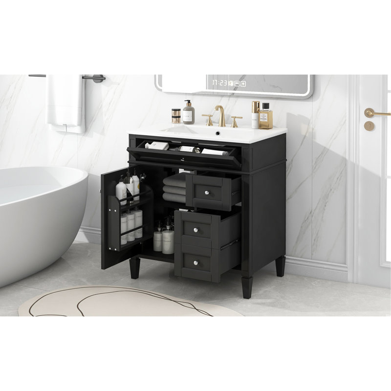 Meuble-lavabo de 30 po avec lavabo supérieur, meuble-lavabo moderne avec 2 tiroirs et tiroir escamotable, meuble-lavabo simple