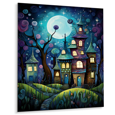 «Blue Sky Pittoresque Town Full Moon - City Buildings», reproduction d'art mural