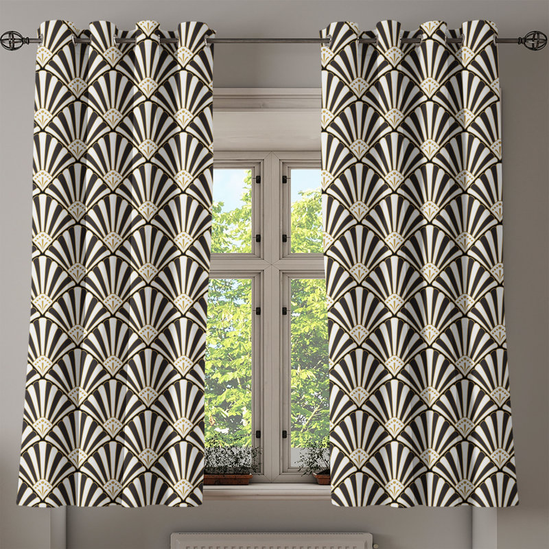 George Oliver Retro Grommet Curtain Wave Geometric Motif Art Deco 50" x 54" Dark Grey White Fawn, 50" W x 63" L