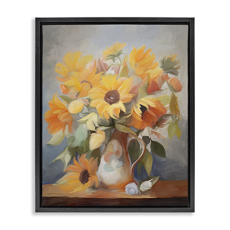 «Bright Sunflower Medley» par Ramona Murdock, Cadre flottant noir de jais, H 21 po x l 17 po