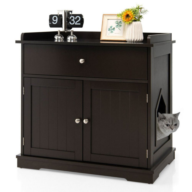 Brown Wooden Cat Litter Box Enclosure with Drawer and Side Table