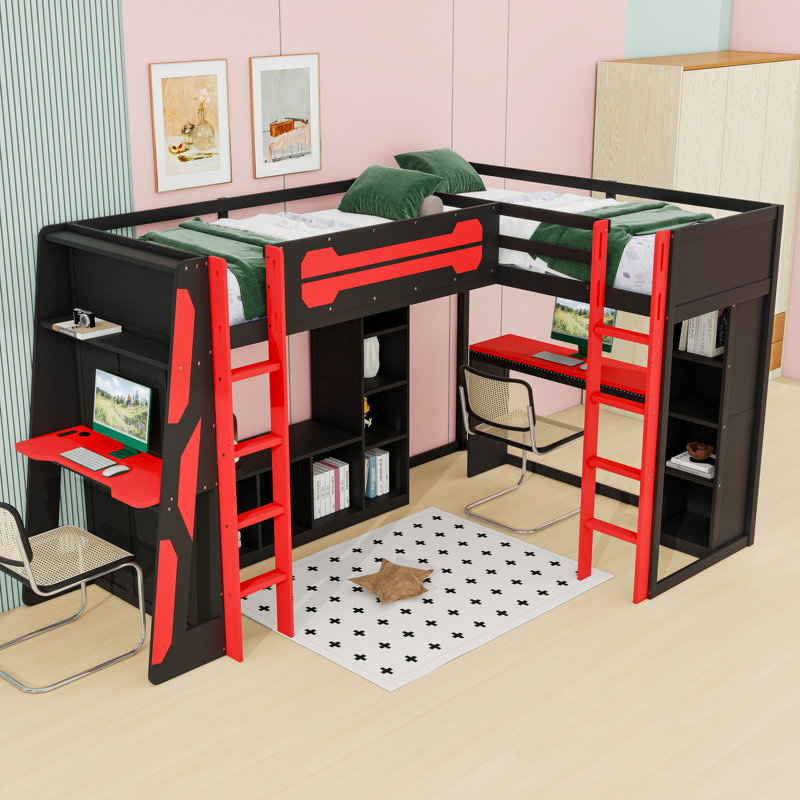 Twin and Twin Wooden Loft Bed with TV Stand, LED Strips, Shelves, USB Ports and Desk, Red
