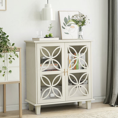 Buffet, armoire de salle de bain autoportante avec portes en verre trempé, console de cuisine rétro moderne, armoire de rangement décorative à 2 portes, couleur crème