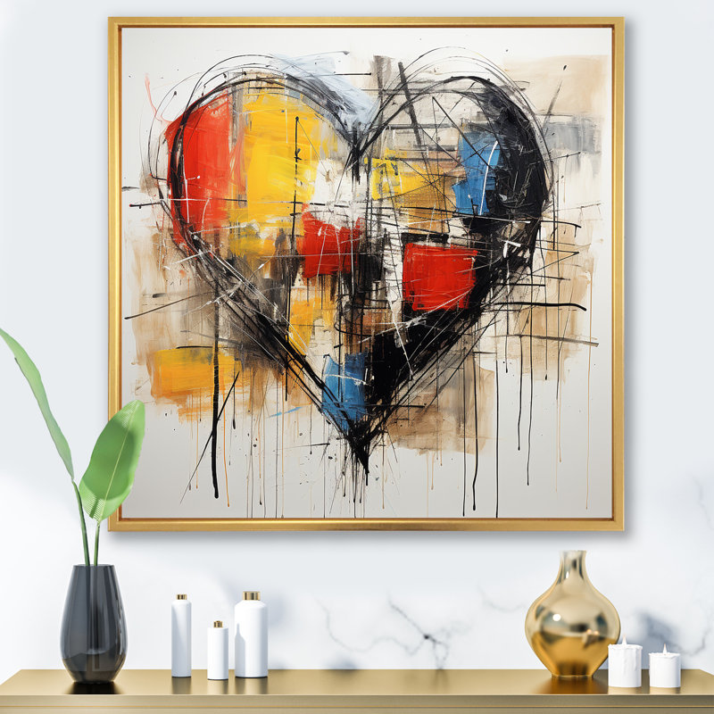 Pop Art Heart Abstract Collages - Art mural abstrait, H 30 po x l 30 po x P 1 po, Cadre flottant doré
