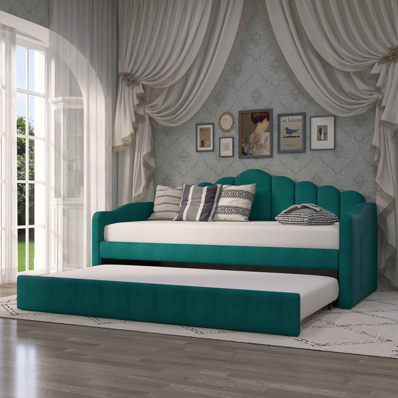 Twin Size Upholstered Daybed With Trundle, Green